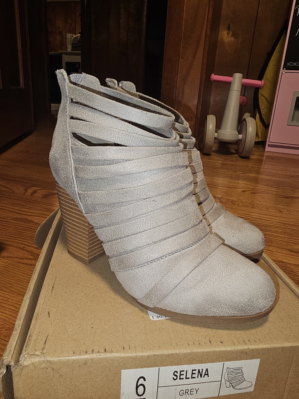 Grey Strappy Block Heel Booties- WOMEN'S SIZE 6